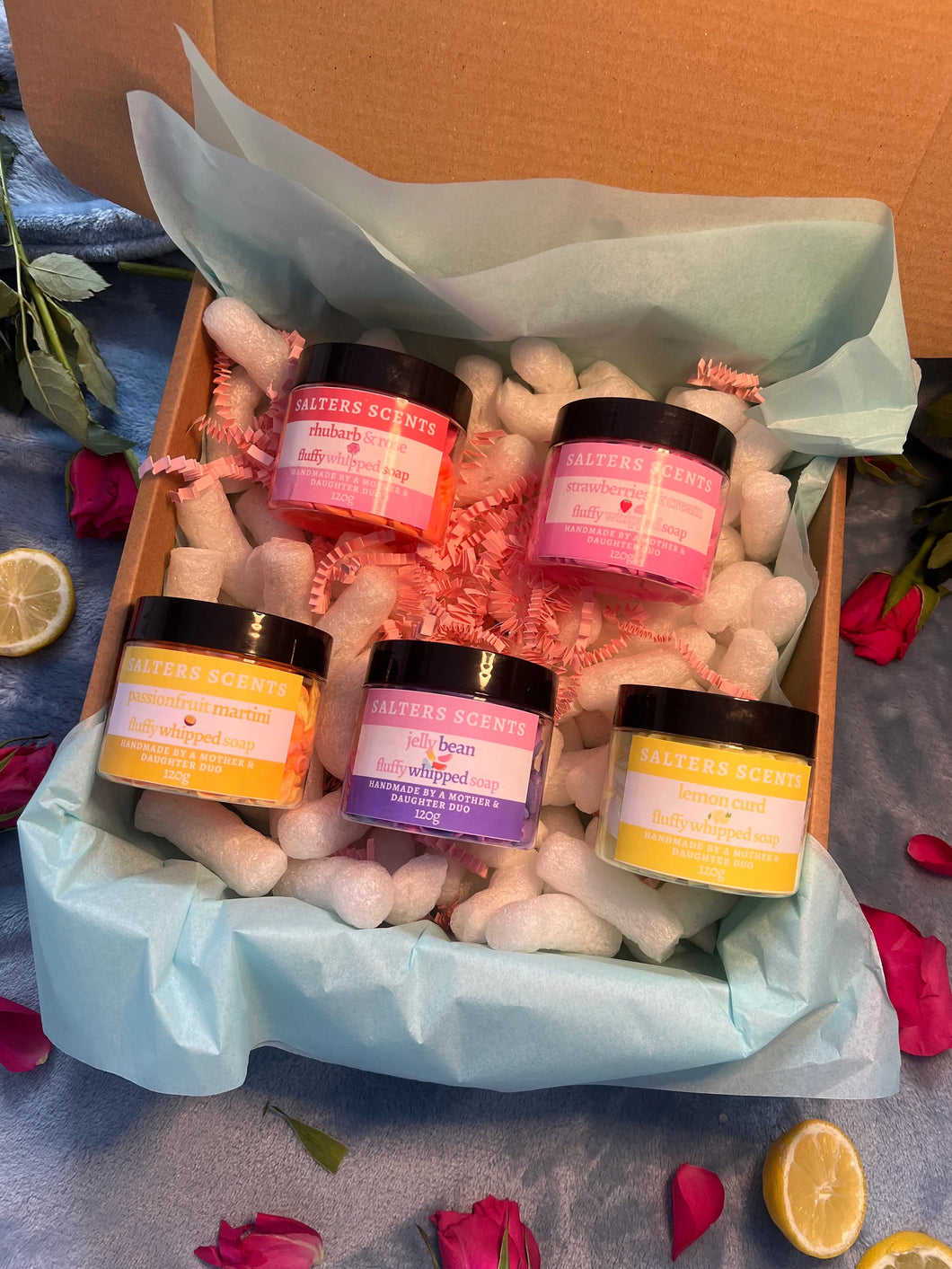 5 x 120g Sweet Whipped Body Soap, Strawberries & Cream, Lemon Curd, Passionfruit Martini, Jelly Bean, Rhubarb and Rose